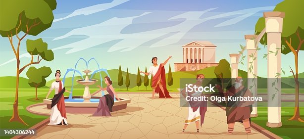 istock Ancient roman people. Civilian population pastime, greek male and female characters in tunics, cypresses trees, coliseum and amphitheater columns, temple, vector cartoon flat concept 1404306244