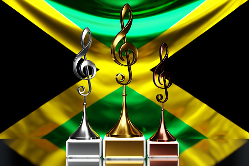 Treble clef awards for winning the music award against the background of the national flag of Jamaica, 3d illustration.