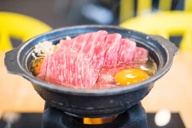 Photo of Sukiyaki with high class Japanese beef and egg