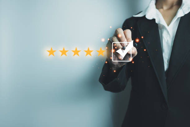 istock Customer satisfaction assessment rating 5 stars online, User has received excellent service, Review the highest rated service, the best attention, impressed very good service, feedback from guest 1404312209