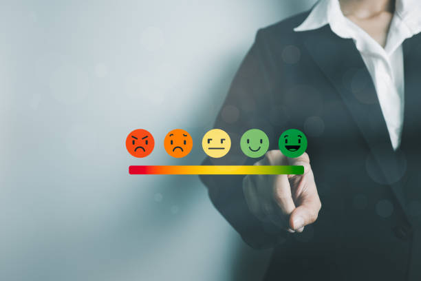 istock Customer satisfaction assessment, improve service to excellent standard, impressed with the best care, choose smile icon, highest rating and score, good feedback from user 1404312211