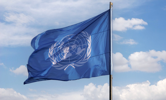 This flag is Official emblem of the United Nations in white on a blue background. The United Nations (UN) is an international organization whose stated aims are facilitating cooperation in international law, international security, economic development, social progress, human rights, and achievement of world peace.