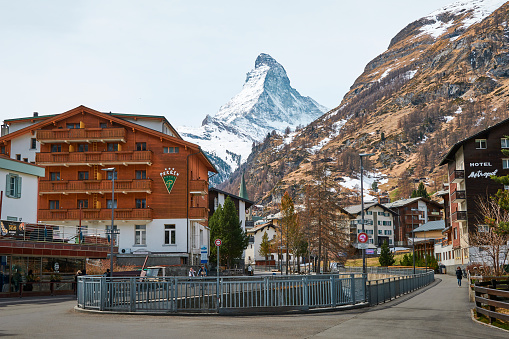 A Landscape view of Matterhorn mountain and city of Zermatt, Switzerland