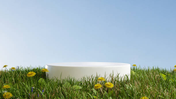 Sky background with white podium for product presentation.