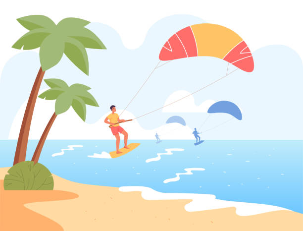 stockillustraties, clipart, cartoons en iconen met people kitesurfing at sea on summer day flat vector illustration - wind surfen