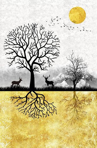 3d landscape canvas artwork. black tree and deer with golden sun, birds in gary and golden marble background