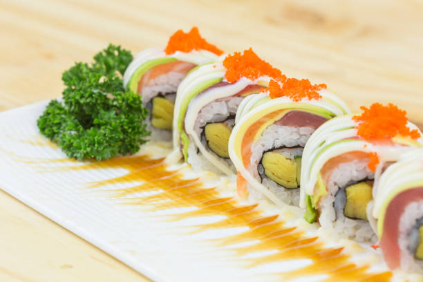 istock Sushi rolls with avocado and salmon isolated on white 1404319685