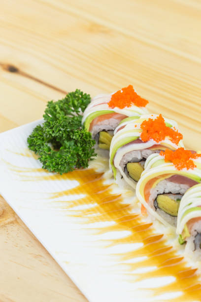 istock Sushi rolls with avocado and salmon isolated on white 1404320357