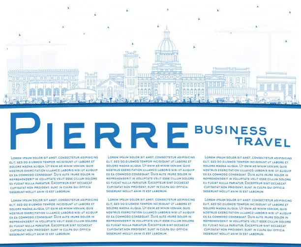 Vector illustration of Outline Pierre South Dakota City Skyline with Blue Buildings and Copy Space.