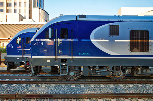 Los Angeles, California, USA -  June 19, 2022: Siemens Charger SC-44 Diesel-electric Passenger Locomotives, Los Angeles Union Station.