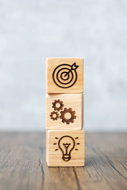 istock wood block with business goal, strategy, target, mission, action, objective, teamwork and idea concept 1404328920