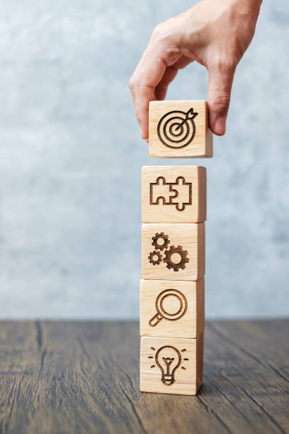 istock hand hold wood block with business goal, strategy, target, mission, action, objective, teamwork, research and idea concept 1404328971