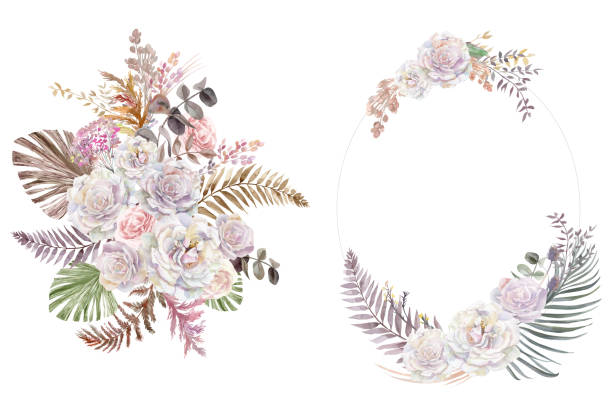 illustrazioni stock, clip art, cartoni animati e icone di tendenza di set di un bouquet di rose bianche e una cornice ovale in stile vintage con fiori secchi e un bouquet - oval shape