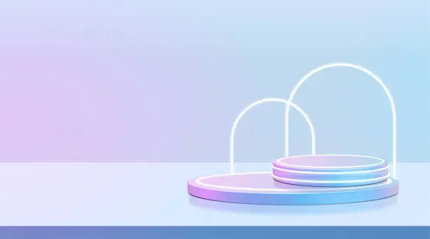 Vector illustration of Futuristic cyber stage with 3d neon podium glowing for Product display presentation in pastel colors background.