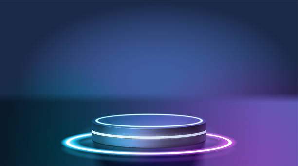 istock Futuristic cyber stage with 3d blue neon podium glowing for Product display presentation in darkness 1404331140