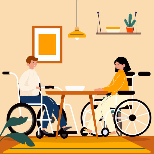 ilustrações de stock, clip art, desenhos animados e ícones de disabled couple have dinner together - dining table table cartoon dining