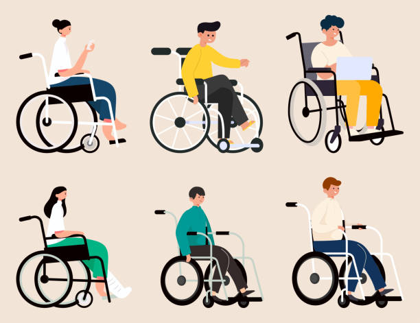 Disabilities people with variety of activities on wheelchair Disabilities people with variety of activities on wheelchair, use smartphone or working on laptop in cartoon character, flat vector illustration disabled sign stock illustrations