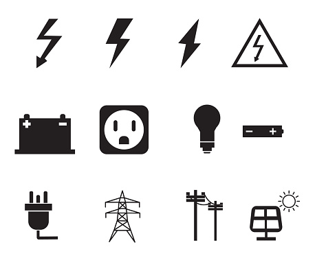 black electricity icon set on white background. set of energy icons. electric sign. flat style.