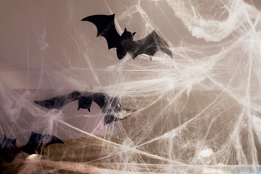 Halloween handmade decoration, spider web and flying bats shapes. Galicia, Spain.