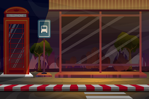 Night scene with telephone booth near bus stop at side road, tree in nature park in background, lighting from top, vector illustration