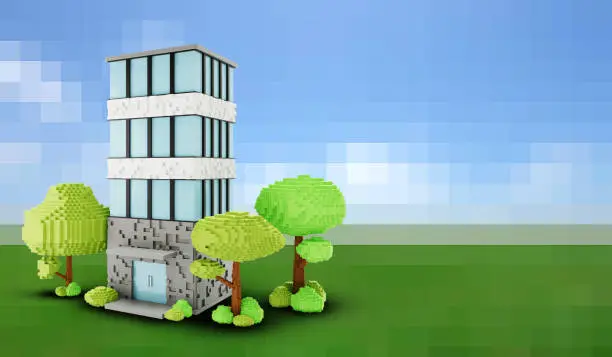 Photo of Office building with tree on pixelated background.