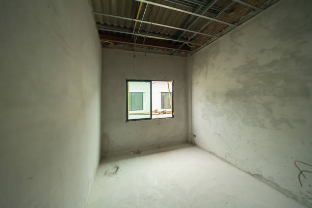 istock Empty under construction room in home or house with space on site. Interior. Old unfurnished room rental property, living space units. lifestyle. Renovation. 1404336051