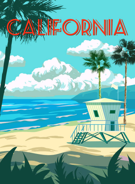 Retro Poster California. Lifeguard house on the beach, palm, coast, surf, ocean. Vector illustration vintage