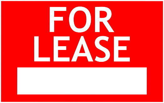FOR LEASE red sign with white word and empty space for text, advertising template. Close up view of label for real estate hiring, marketing from agent. Copy space
