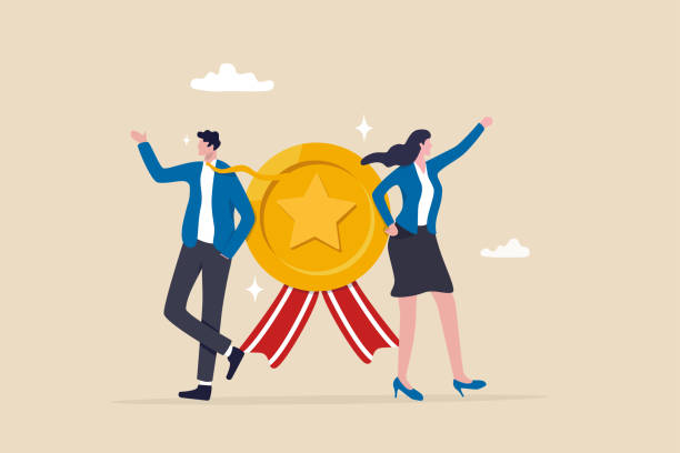 Professional or expert who success and win award, best office employee or specialist with skills to achieve goal concept, success businessman and businesswoman professional stand with star award. vector art illustration