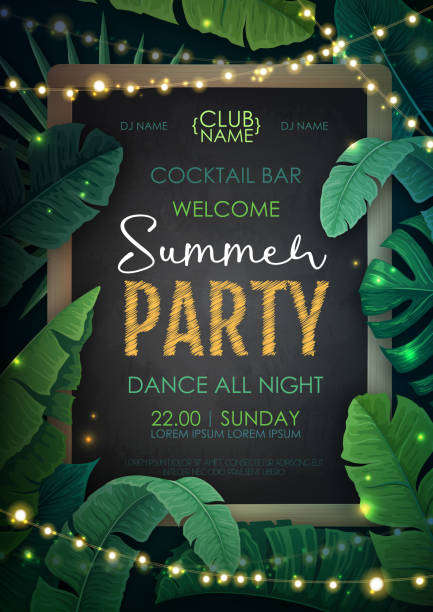 Summer disco party poster with tropic leaves and string of lights. Summer background. Vector illustration Summer disco party poster with tropic leaves and string of lights. Summer background. Vector illustration banana leaf stock illustrations