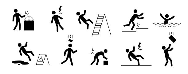 illustrations, cliparts, dessins animés et icônes de icône de l’homme pictogramme d’accident. sécurité au travail, mise en garde contre les blessures, ensemble de pictogrammes de danger. avertissement, icône de danger stick man - accident physical injury falling ladder