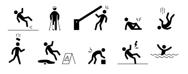 illustrations, cliparts, dessins animés et icônes de icône de l’homme pictogramme d’accident. sol mouillé, jambe blessée, pictogramme de douleur basculante ensemble. avertissement, icône de danger stick man - accident physical injury falling ladder