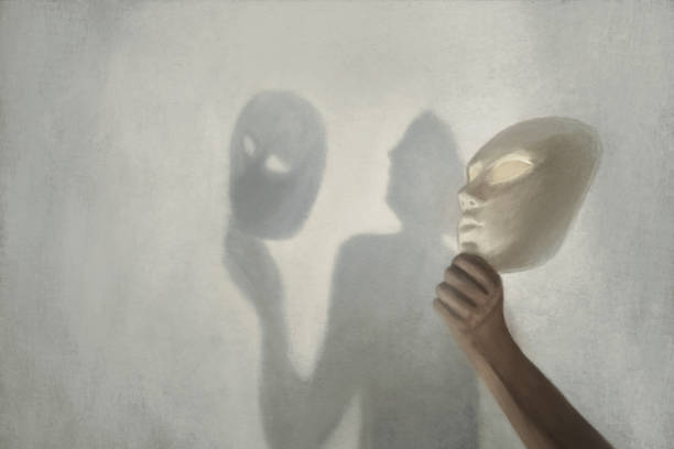 illustrations, cliparts, dessins animés et icônes de ombre surréaliste sur le mur d’une personne qui enlève le masque de son visage, concept de vérité et de fiction - hiding