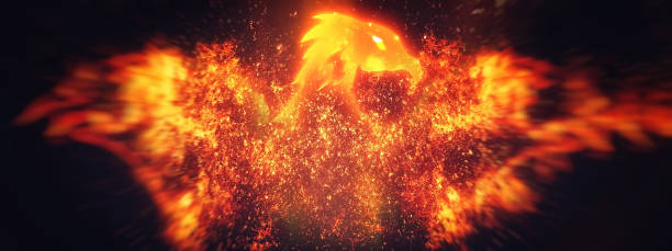 3D illustration of a fire dragon flapping in the dark