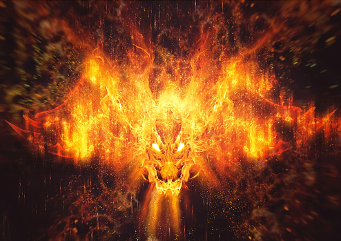 3D illustration of a fire dragon flapping in the dark