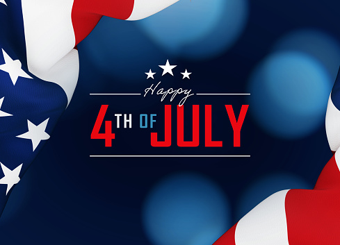 Happy 4th Of July Day message written over dark blue bokeh background behind rippled American flag. Horizontal composition with copy space. Front view. Independence Day concept.