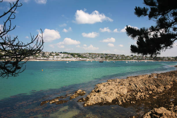 The Percuil River estuary and St. Mawes from Carricknath Point, Roseland Peninsula, Cornwall, UK