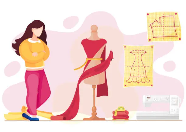 Vector illustration of Tailor shop. Atelier. Seamstress sews clothes to order for customers. Future dress. Sewing workshop