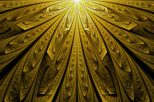 Computer generated abstract illustration Beautiful fractal Golden flower wall  pattern, Kaleidoscope design background, Abstract Concept Unique Mandala Kaleidoscopic creative inimitable graphic design