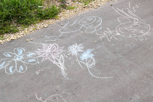 istock Children's drawings in chalk on the asphalt 1404348225