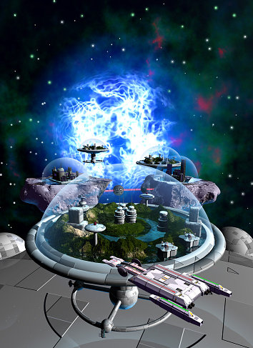 spaceships and space base in space, in the background a nebula and dark sky with stars, 3d illustration