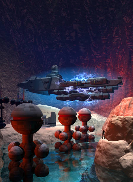 istock spaceship landing in a secret space base inside a mountain, 3d rendering 1404349170