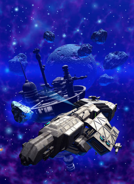 istock Spaceship exploring the wreck of a space base near a asteroids field. 3d rendering 1404349222
