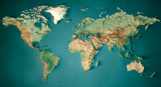 3D Render of a Topographic Map of the World in Miller Projection.  \nAll source data is in the public domain.\nColor and Water texture: Made with Natural Earth. \nhttp://www.naturalearthdata.com/downloads/10m-raster-data/10m-cross-blend-hypso/\nhttp://www.naturalearthdata.com/downloads/110m-physical-vectors/\nRelief texture: GMTED 2010 data courtesy of USGS. URL of source image: \nhttps://topotools.cr.usgs.gov/gmted_viewer/viewer.htm