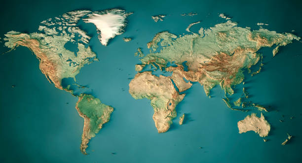 world map topographic map dark ocean color - oceano atlântico imagens e fotografias de stock