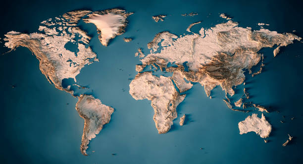 World Map Topographic Map Dark Ocean Neutral stock photo