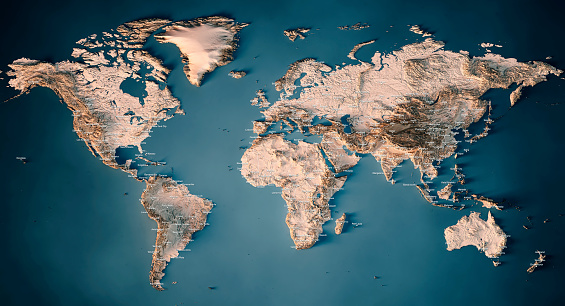 3D Render of a Topographic Map of the World in Miller Projection. Version with Country boundaries and city names. \nAll source data is in the public domain.\nColor and Water texture: Made with Natural Earth. \nhttp://www.naturalearthdata.com/downloads/10m-raster-data/10m-cross-blend-hypso/\nhttp://www.naturalearthdata.com/downloads/110m-physical-vectors/\nRelief texture: GMTED 2010 data courtesy of USGS. URL of source image: \nhttps://topotools.cr.usgs.gov/gmted_viewer/viewer.htm