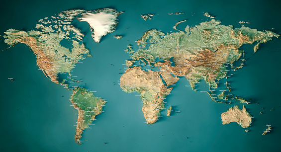 World Map Topographic Map Dark Ocean Color Border City Names