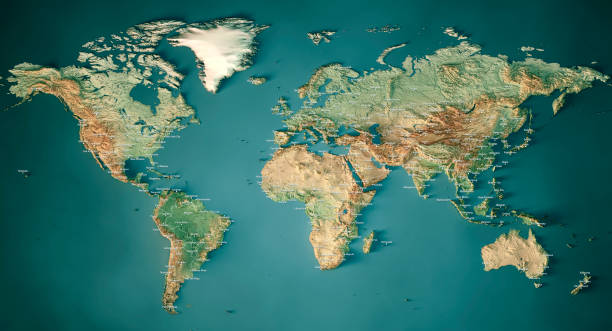 World Map Topographic Map Dark Ocean Color Border City Names stock photo