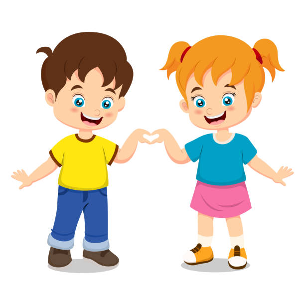 Cute boy and girl cartoon in hands heart shape Vector Illustration of Cute boy and girl cartoon in hands heart shape cute boy show love symbol hand stock illustrations